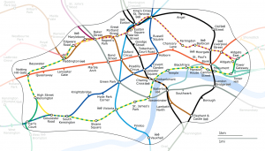 Parte de la red del Metro (sólo se muestra la Zona 1). Este mapa utiliza una distribución más ajustada desde el punto de vista geográfico que los mapas habituales, que emplean un estilo similar de representación. 